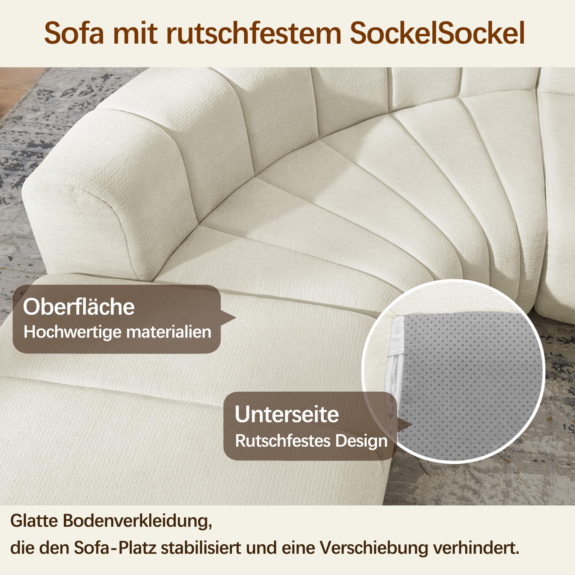 Sofá esquinero de compresión de 4 plazas con módulos combinables. Los módulos sin respaldo se pueden utilizar como mesa de almacenamiento temporal, reposapiés o asiento individual, color beige