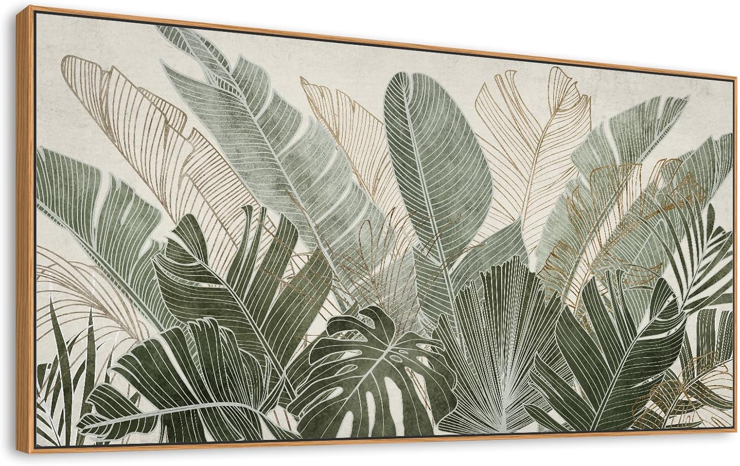 tigeridge Framed Canvas Wall Art - Tropical Green Leaf Pictures Banana Leaves Outlined in Green and Taupe Wall Decor Nature Botanical Painting Prints Artwork Home Office 20" x 40" Natural Frame