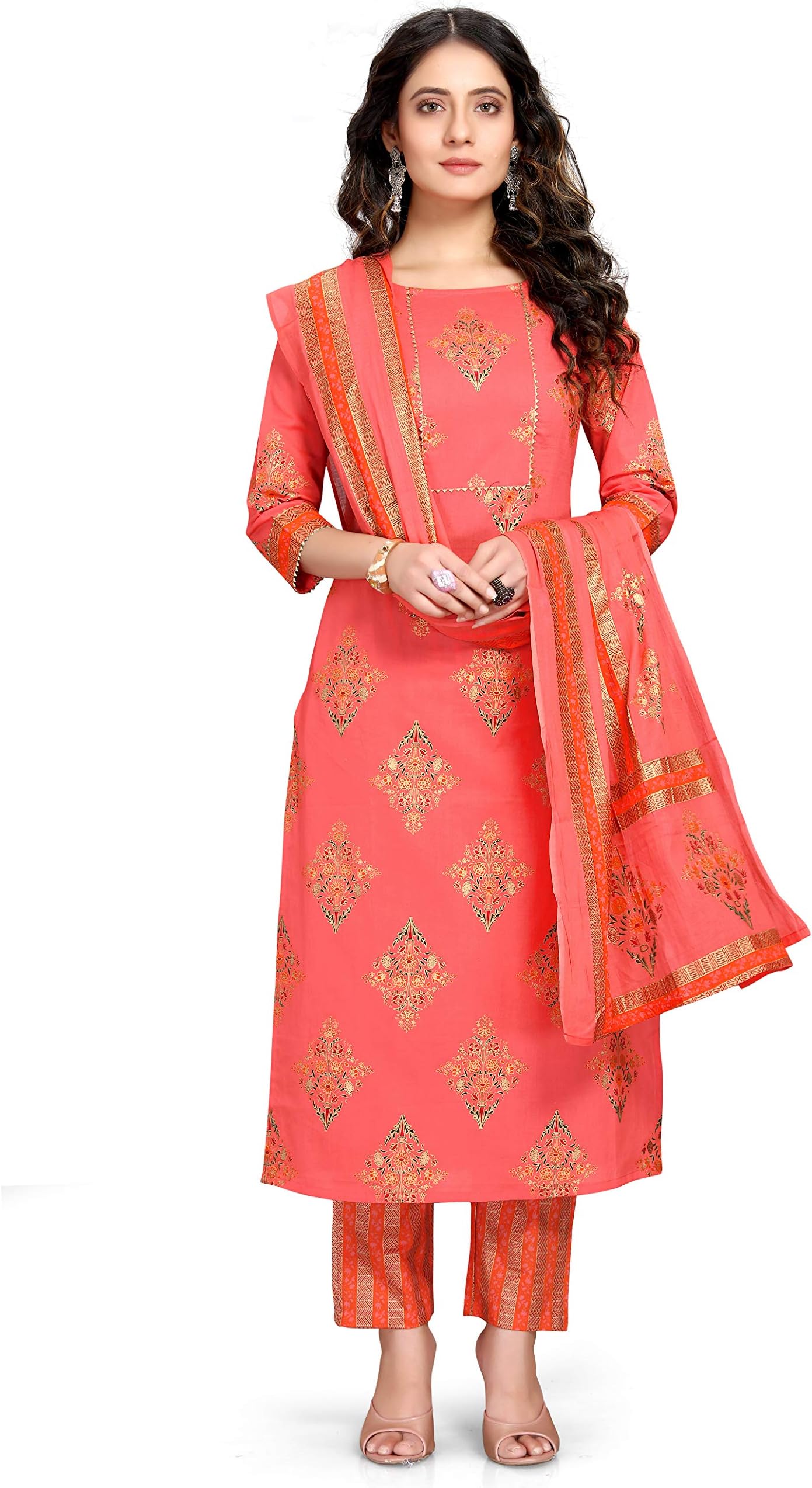 Women's Pure Cambric Cotton Jaipuri Printed Kurta Set With Dupatta JOPLVL202A-S