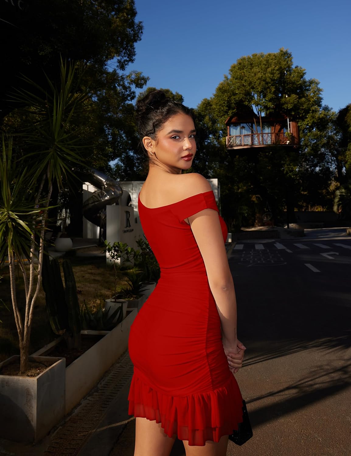 GOKATOSAU Women's One Off Shoulder Sleeveless Bodycon Ruched Mesh Ruffle Hem Mini Dress - Image 4