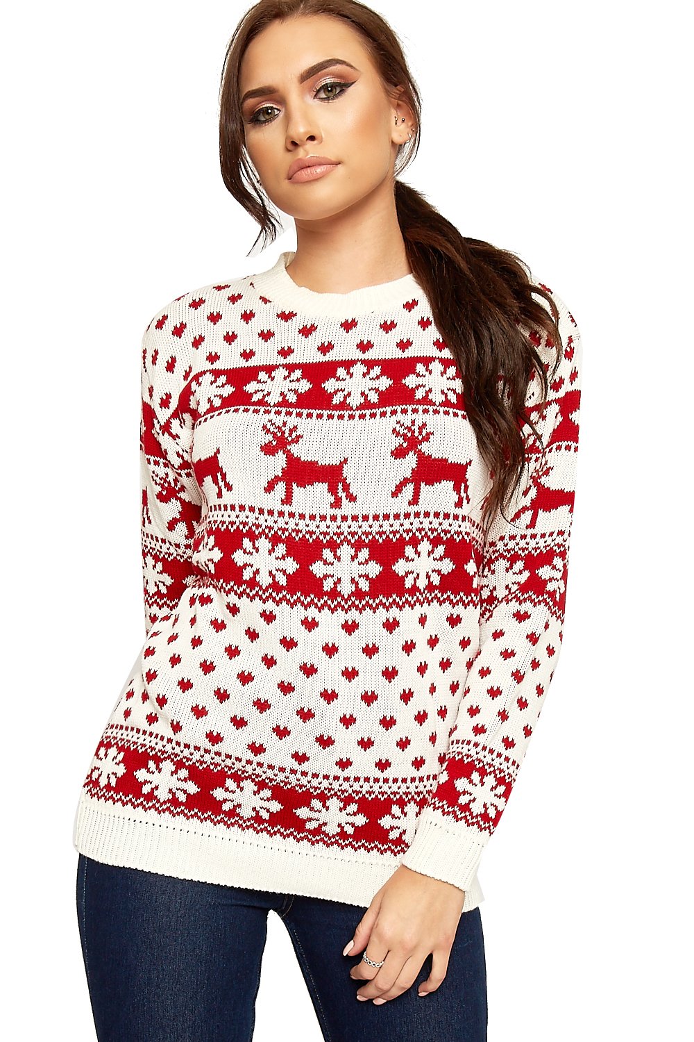 WearAll Women's Reindeer Snowflake Long Sleeve Festive Sweater Ladies Christmas Jumper - Cream - 20-22