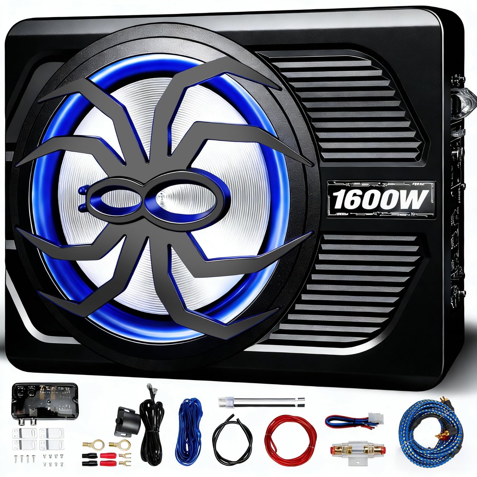 2026 Upgraded 1600W Car Subwoofer, 10" Ultra-Thin Powered Under-Seat Sub with Built-in Amplifier, (LPF/Gain/Bass Boost) LED Ambient Lights, Independent Bass Knob, Distortion-Free Deep Bass（Black A）