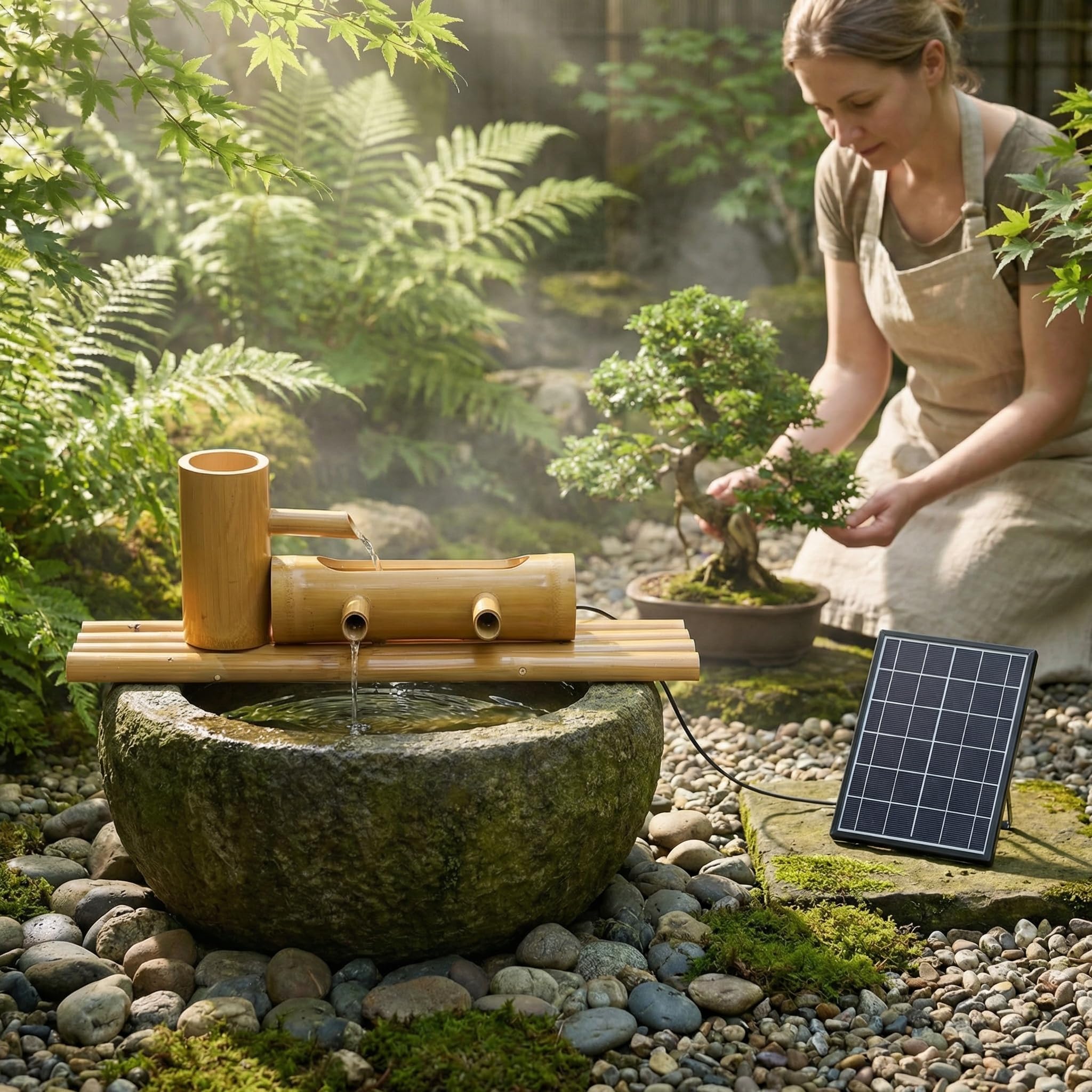Kit fontana solare in bambù – Pompa ecologica per giardino, stagno, piscina, acquario, vasca per uccelli, design durevole e resistente alle rotture per esterni
