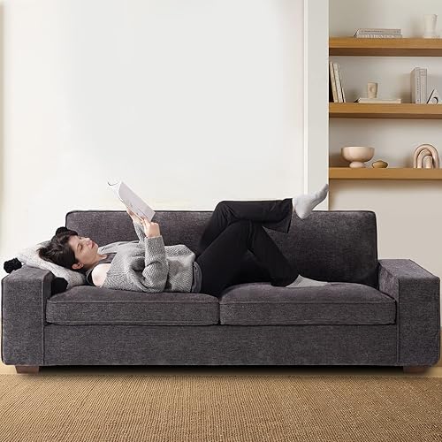 Miniatura 7 de EASELAND Sofá moderno de 89 pulgadas para sala de estar, sofá de felpilla con reposabrazos anchos, sofá con asientos profundos de 3 plazas con funda