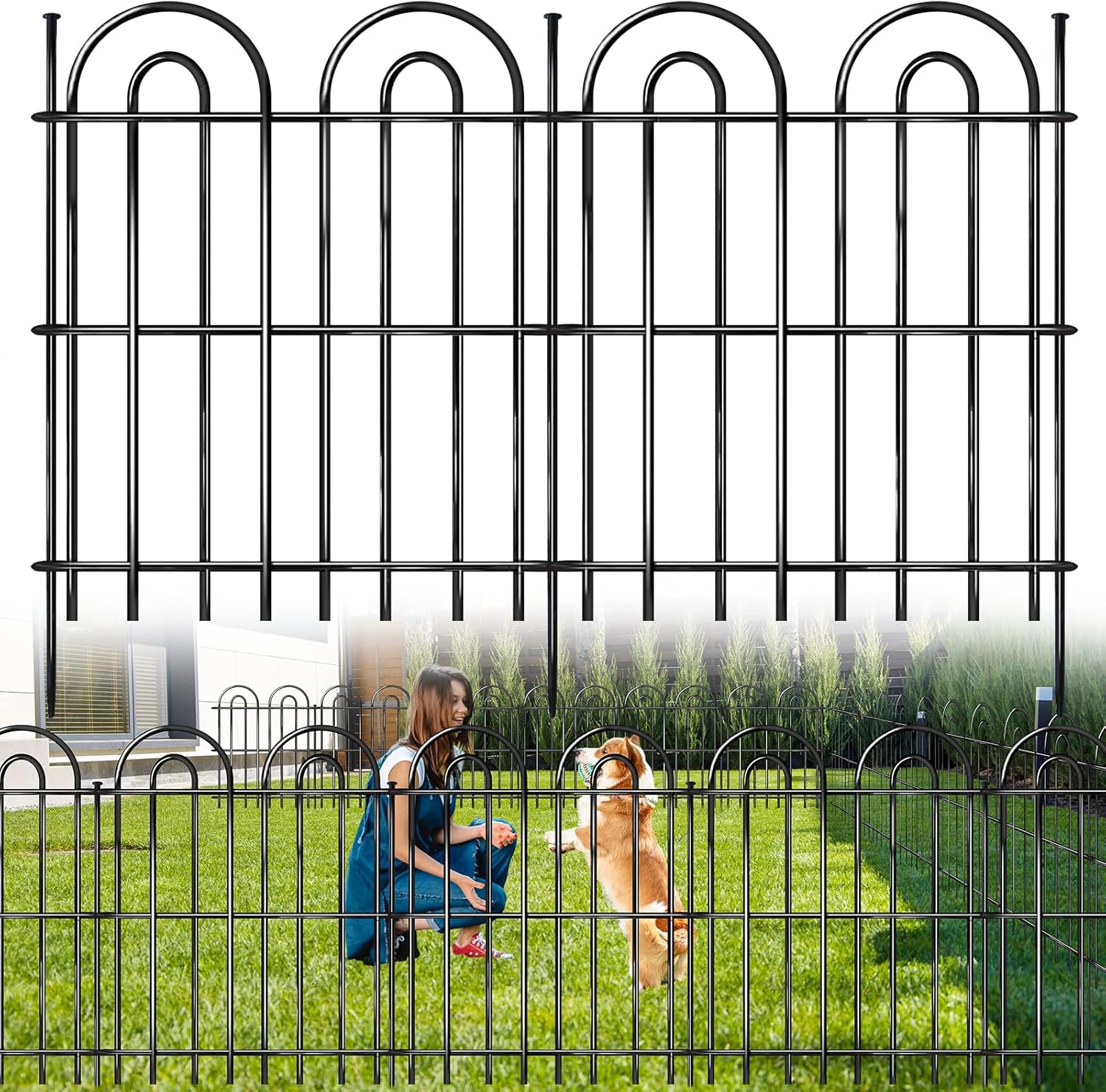 25 Panels Decorative Garden Fence, 32 in(H) X 50 ft(L) No Dig Dog Fence Outdoor for Yard, Rustproof Tall Metal Garden Fencing Animal Barrier with Ground Stakes, Temporary Fencing for Patio Outdoor 25 Panels, 32in(H) x 50ft(L) Black