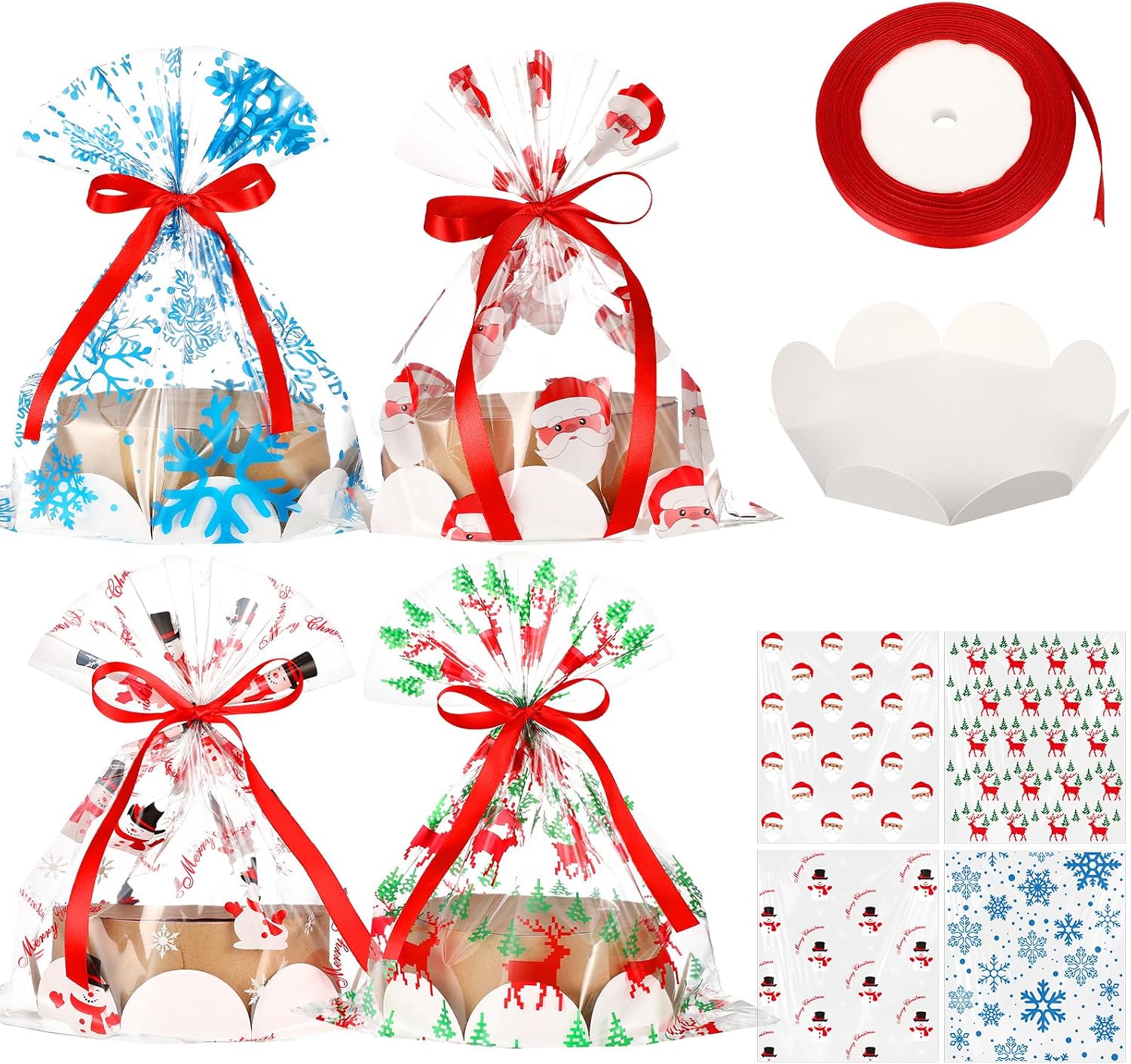 Sunnychicc 24 Pack Christmas Clear Plastic Bake Bags with 8'' Cake Tray Red Ribbon Bakery Gift Packaging Santa Snowman Elk Snowflake Pattern Cellophane Treat Bags for Toast Bread Cookies Candy Food