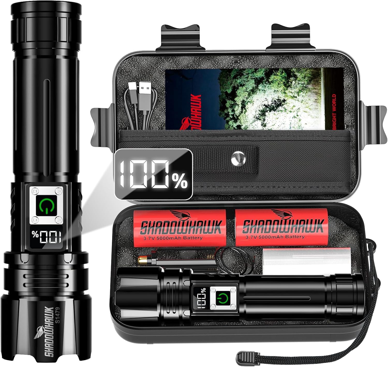 Shadowhawk Lampe Torche Led Ultra Puissante 24H Éclairag | Militaire 1000000 Lumens Rechargeable Lampe de Poche (2X 5000mAh), Flashlight Longue Portée pour Camping/Randonnée, avec LCD Display