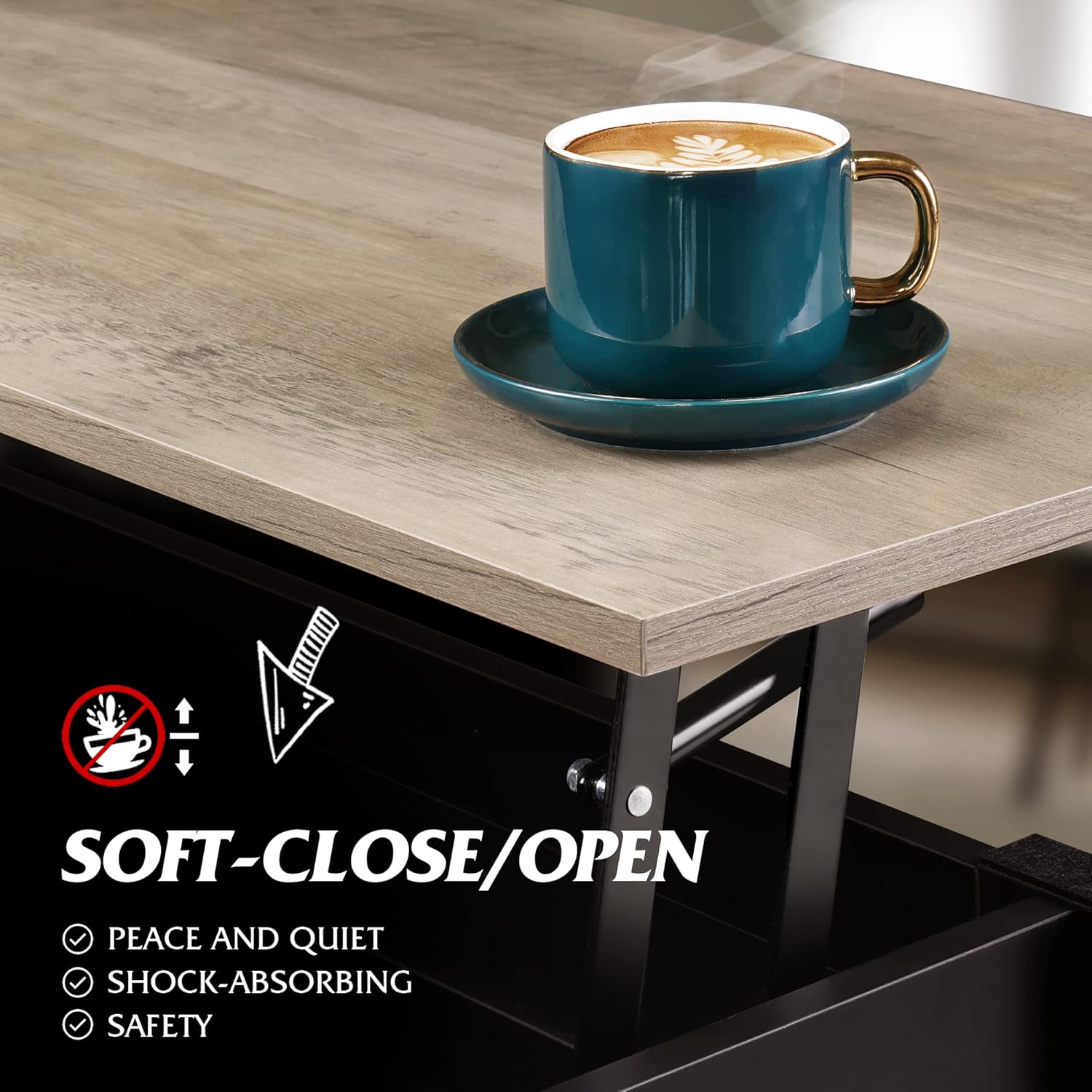 Close-up of the soft-close mechanism on the WLIVE Lift Top Coffee Table.