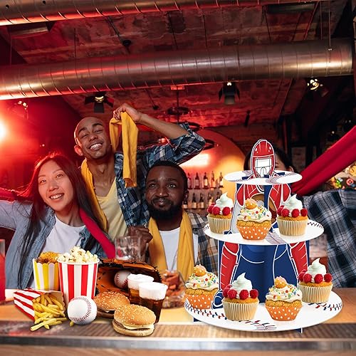 Miniatura 6 de Zopeal Decoración de cumpleaños de béisbol de 3 niveles de béisbol redondo de cartón para cupcakes, soporte de bola deportiva, torre de postre