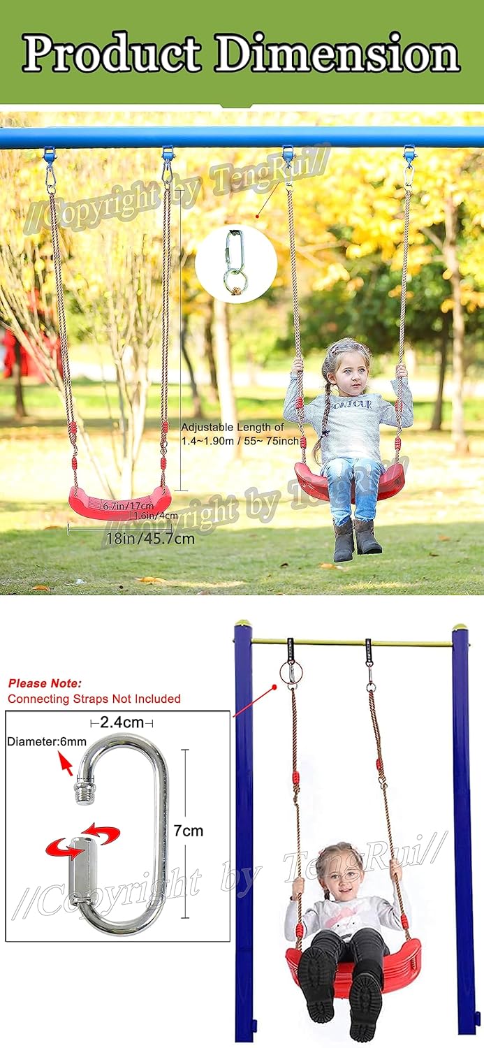 Swing Seat with Adjustable Rope and Screw Lock Carabiner Hooks Tree Swing for Indoor Outdoor (Black)