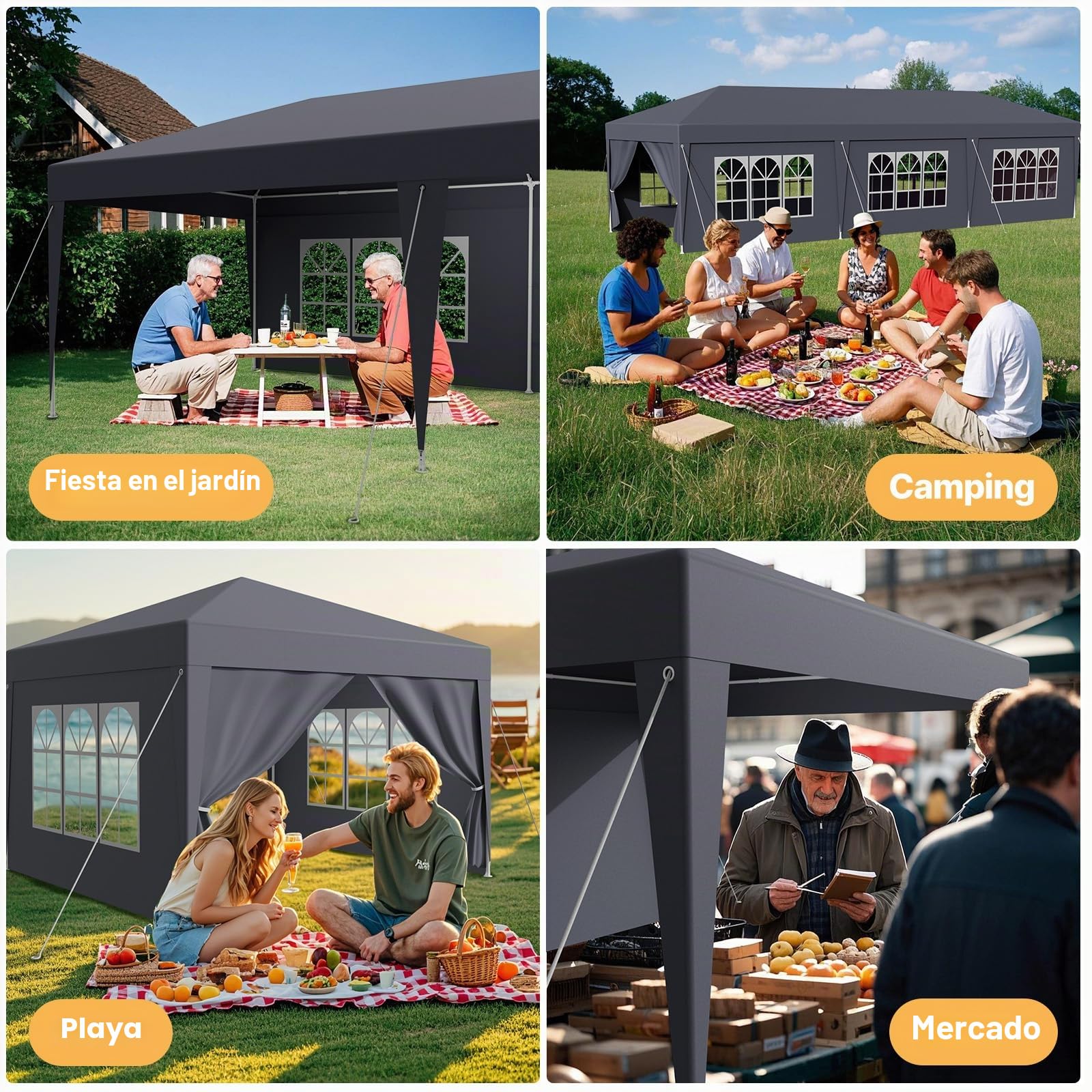 Carpa impermeable de 3 x 6 m, para jardín, sistema de conexión, varillas de metal, para fiestas, camping, fiestas, lonas de polietileno, con paredes laterales, ganchos para tierra, protección UV