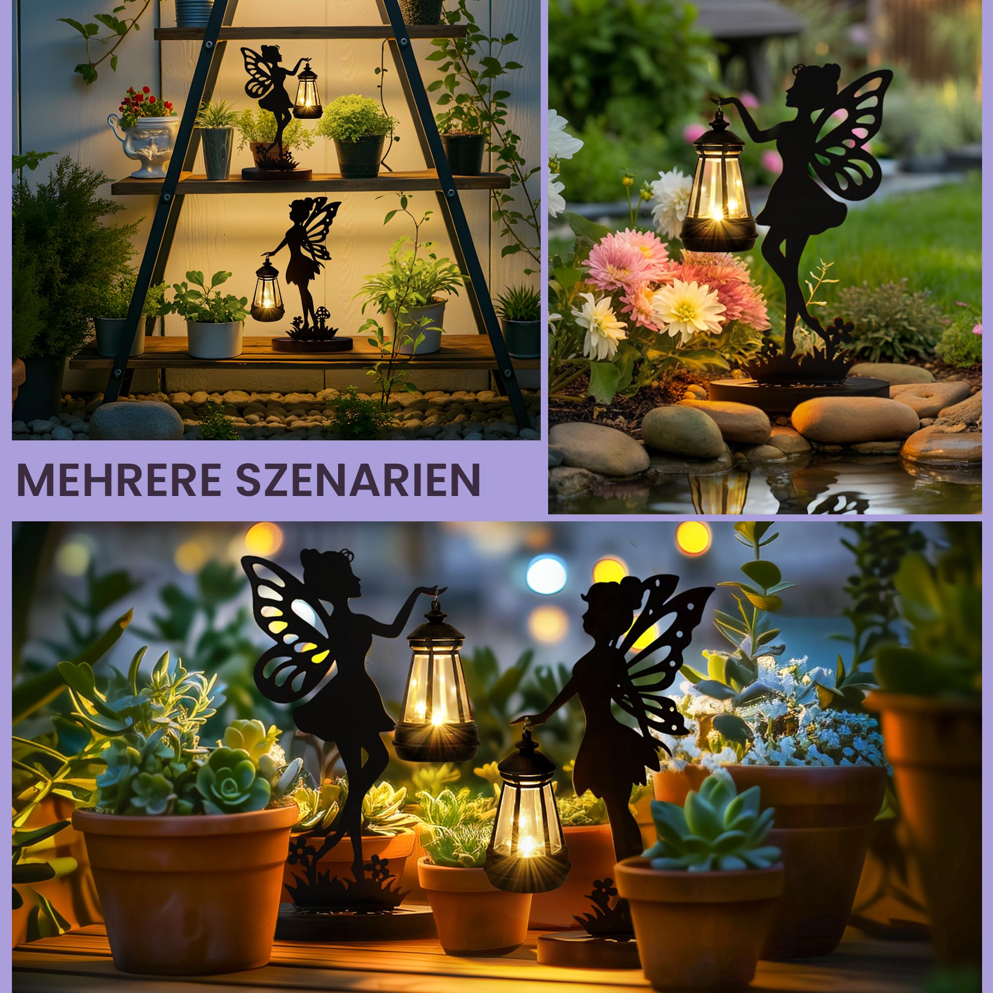 GIGALUMI Eiserne Feenstatue, Gartenornamente, für den Außenbereich mit solarbetriebenen Lichtern, wasserdichte Gartenstatue, Dekorationen für Terrasse, Hof, einzigartig für Mutter（2 Stück）