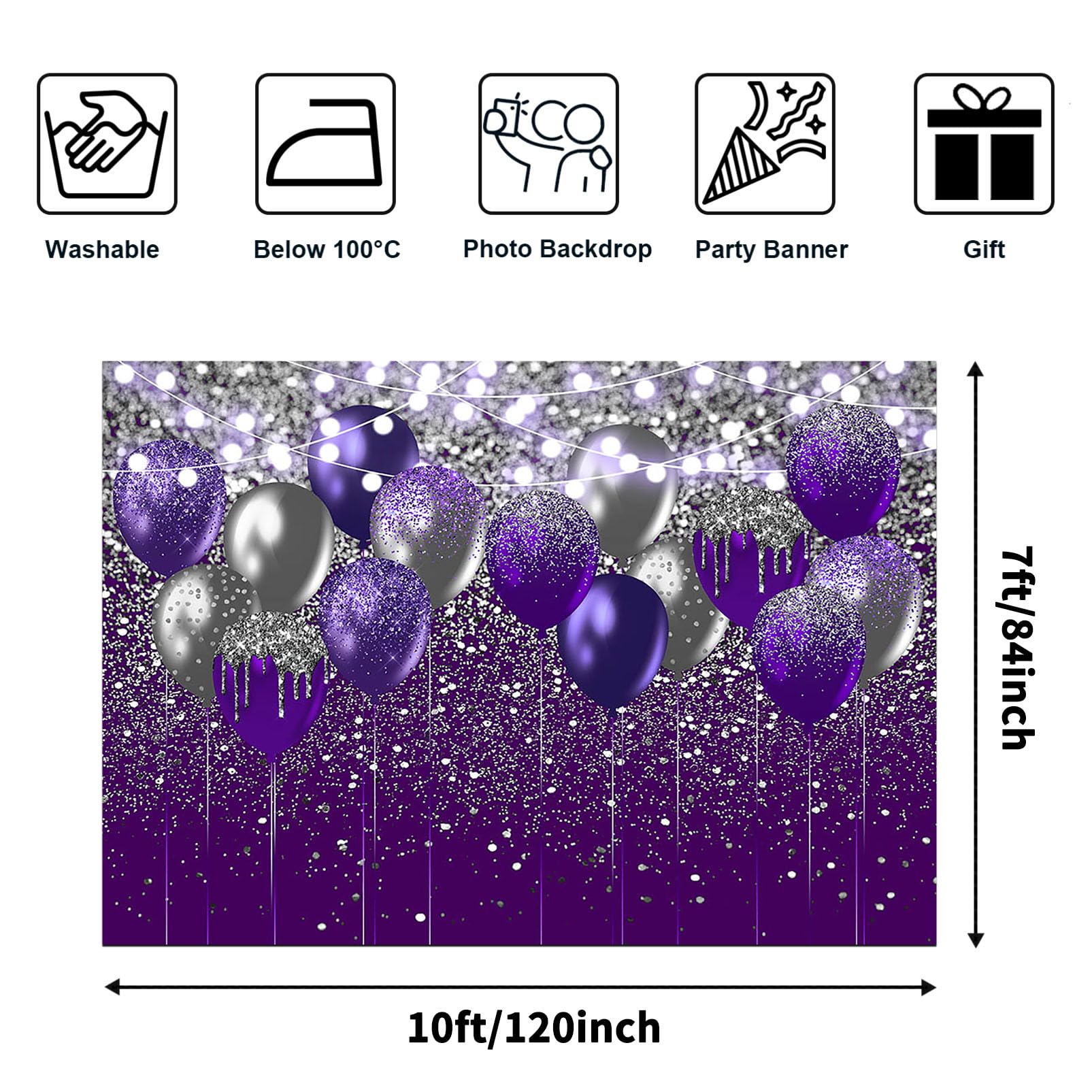 Avezano Purple and Silver Glitter Backdrop for Birthday Wedding Prom Graduation Photography Background Party Glitter Gold Purple Balloon Party Decorations Photoshoot (10x7ft, Purple and Silver)