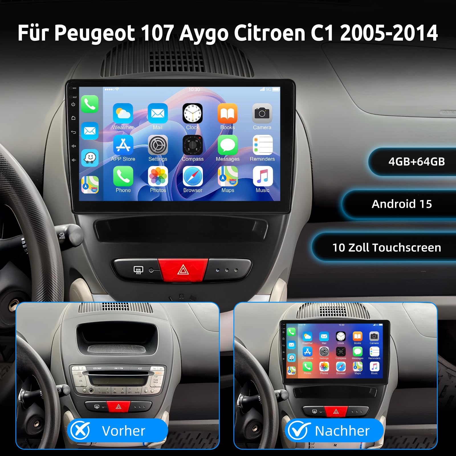 ESSGOO 4+64G Android 15 Autoradio mit Wireless Carplay und Android Auto Für Peugeot 107 / Citroen C1 / Toyota Aygo 2005-2014,10 Zoll Auto Radio Display mit Bluetooth WiFi GPS Mirror Link FM Mikrofon