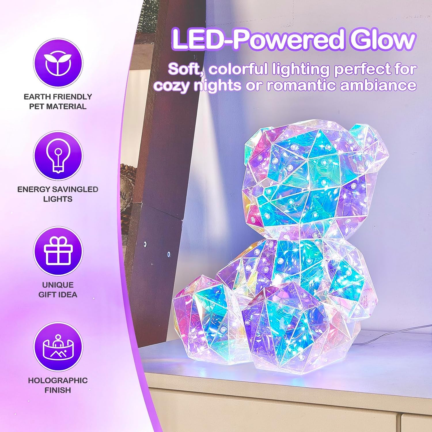 LED Teddy Bear Night Light, Holographic Iridescent Design, Nursery Decor Display Box with Ribbon (Bear, Medium)