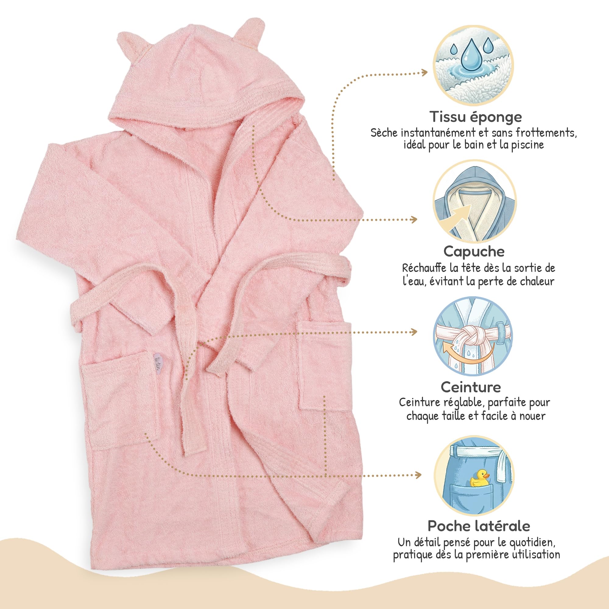 Ti TIN Peignoir Enfant Garçon ou Fille avec Capuche et Poches - Poncho de Bain Ultra-Doux et Absorbant en Coton, Idéal pour l'Heure du Bain, Facile à Laver, Lavable à 30°C
