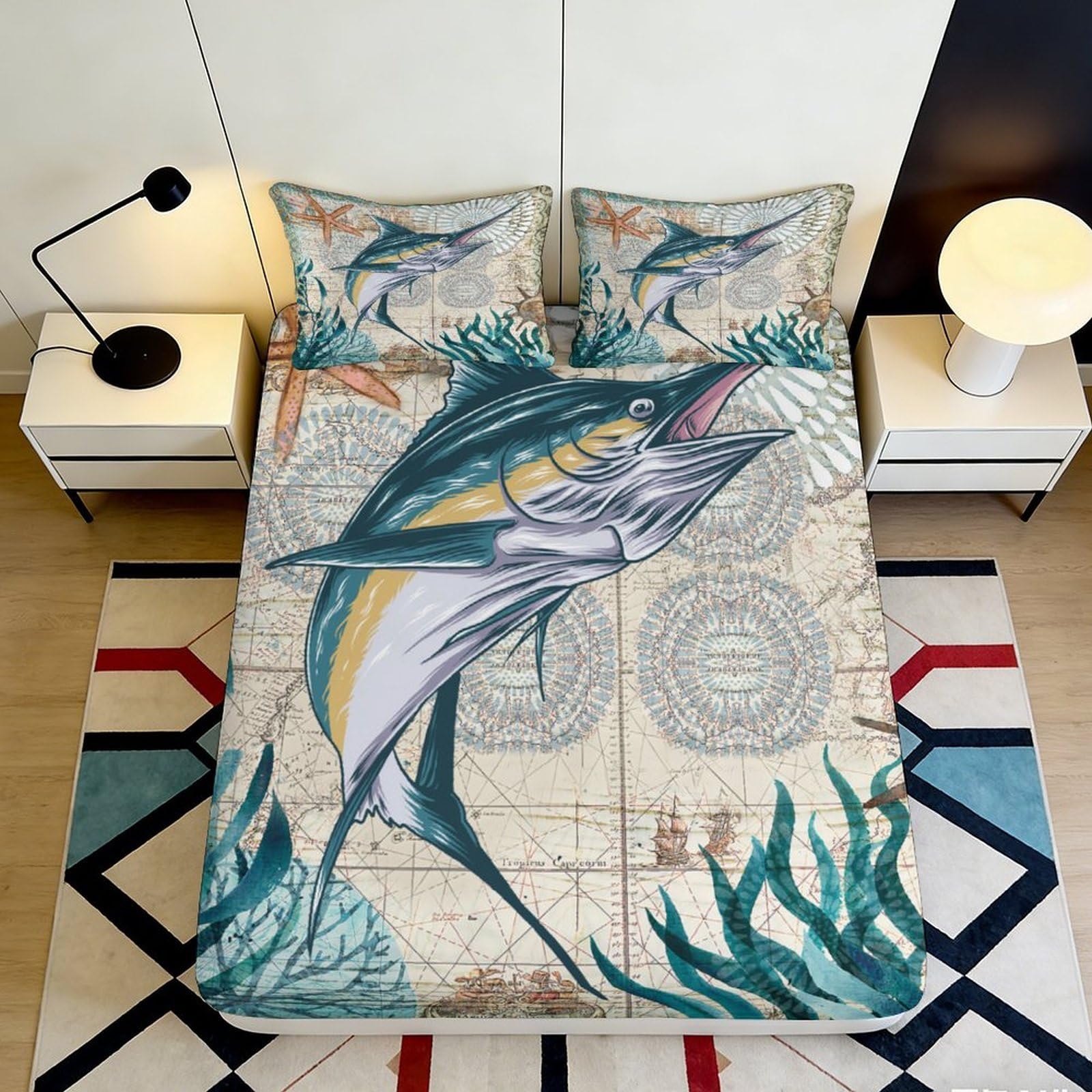 3D Printed Ocean Fish Fitted Sheet Microfiber Soft Breathable Nautical Map Bed Cover for Bedroom Dorm Decor Protection 90x200x25cm