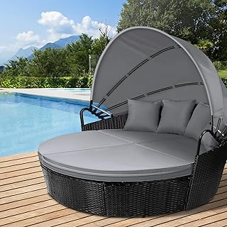 ALFORDSON Sun Bed with Adjustable Canopy, Rattan Outdoor Tanning Lounger Sofa with Fabric Seat Cushions & Pillows, Steel F...