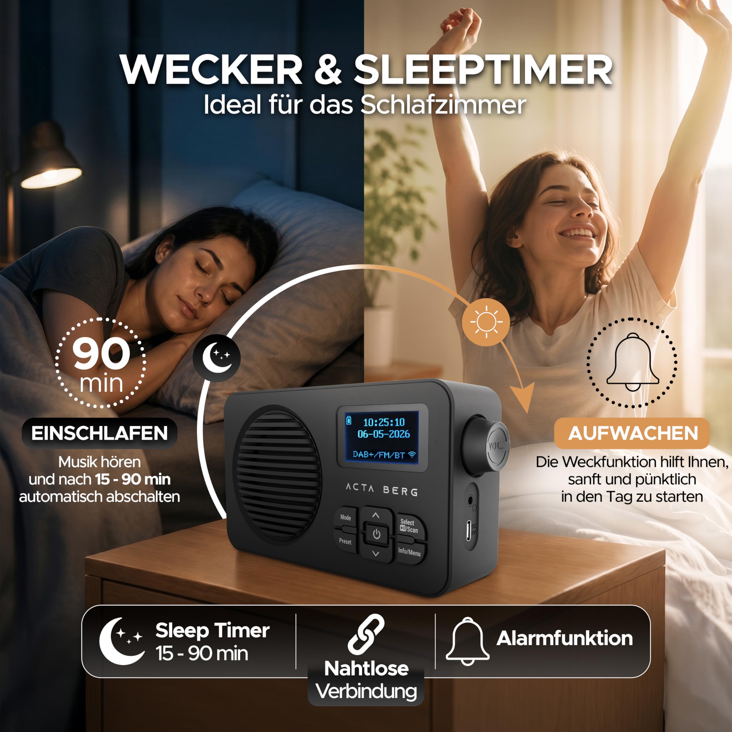 DAB Radio mit Akku 5000 mAh austauschbar & BT 5.3 (Schwarz) | DAB+/UKW-Radio, Akku austauschbar + Netzstecker, 80 Senderspeicher, USB-C, tragbares Digitalradio, mit Wecker & Timer