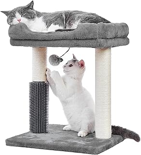 MeowSir Small Cat Tree 4 in 1 Cat Scratching Post with Top Perch Bed, Cat Self Groomer Fully NaturalSisal Covered Scratcher Post and Danging Ball for Indoor Cats-Grey