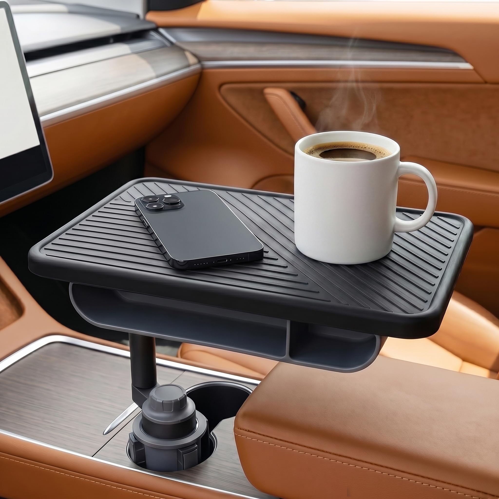 Photo 1 of OYKPWY 360° Rotating Wood Car Tray – Adjustable Car Desk & Car Table Tray,Cup Holder Mount w/Extension Rod, Organizer Pouch,Storage Bag & Desk Mat,Compatible w/Tesla Model 3/Y/S/X & Most Vehicles