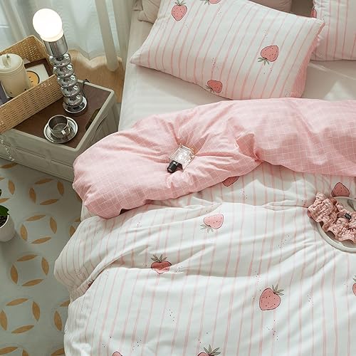 Miniatura 4 de Linda funda de edredón de fresa, tamaño individual XL, suave, 100% algodón, juego de ropa de cama de fresa rosa, ligero, funda de edredón para niños