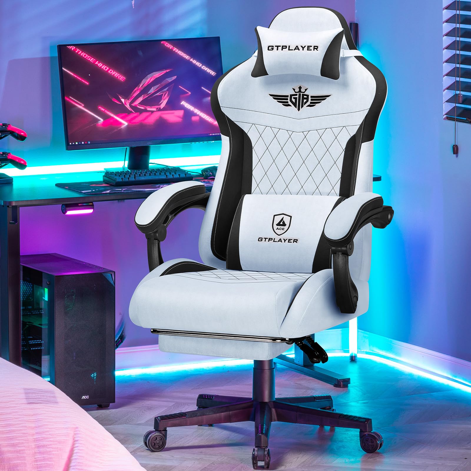 GTPLAYER Chaise de Jeu, Ergonomique, en Velours High-Tech, avec Soutien Lombaire - Chaise PC avec Dossier élargi - Charge maximale : 150 kg - Bleu Claire