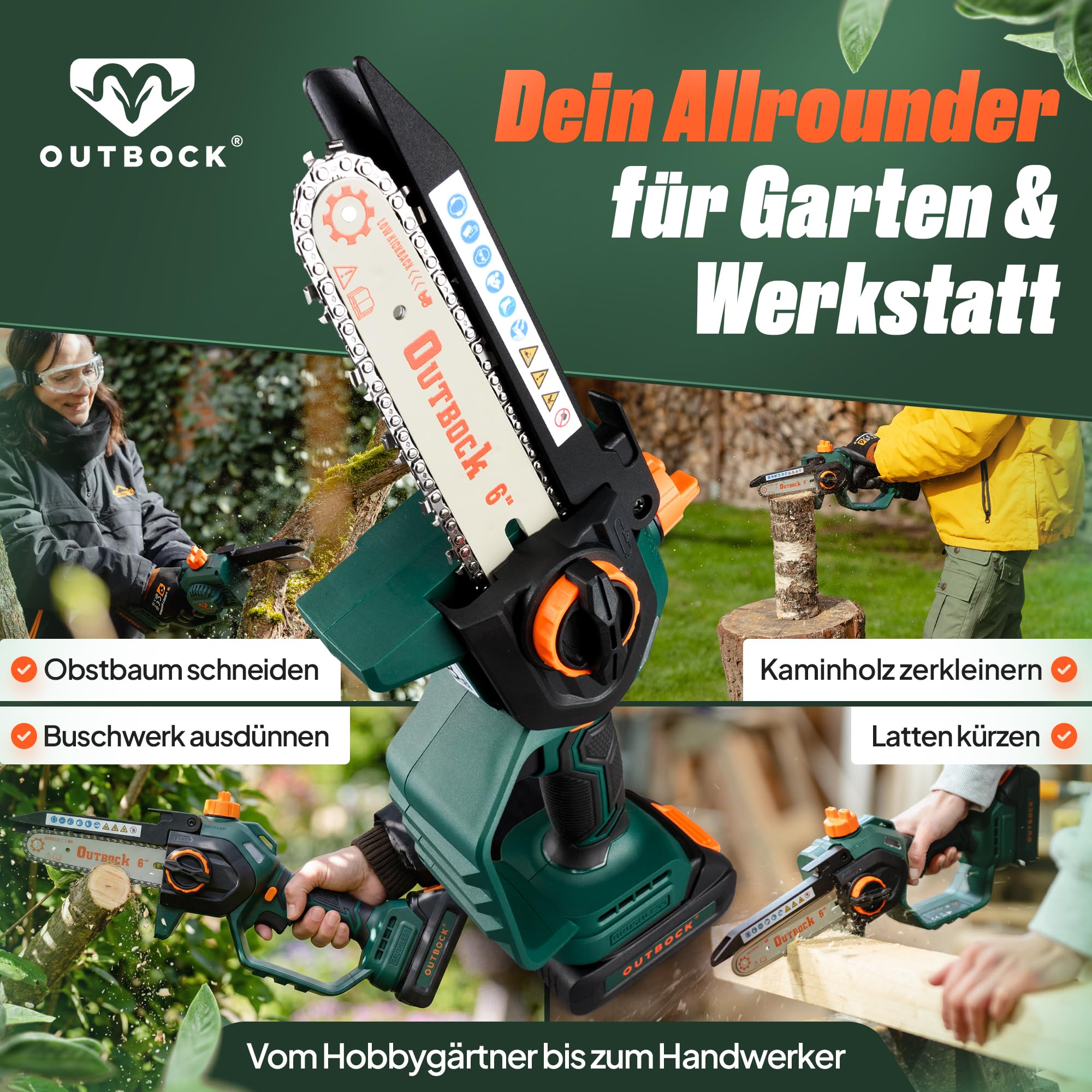 Mini Kettensäge Akku mit 2x 2.0 Ah Akkus | TÜV-Zertifizierte Einhand Kettensäge | Handkettensäge inkl. Schnelllader & Koffer | Automatische Kettenschmierung | Akku Astsäge für Gartenarbeit