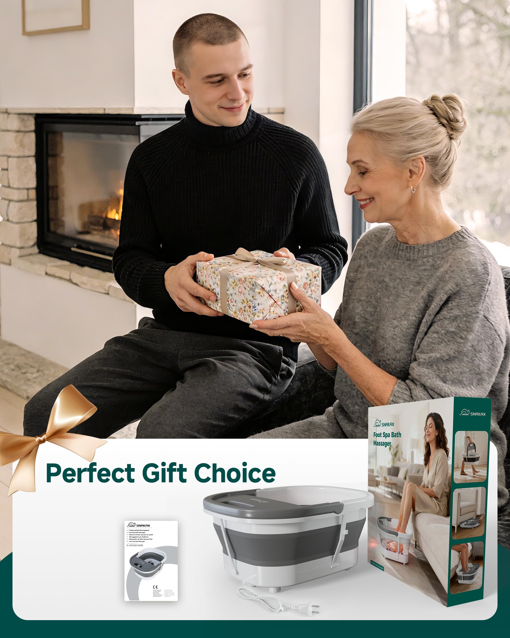 Snailax Bañera y masajeador de pies con función de calor, bañera plegable con vibración, función de burbujas y control de temperatura, masajeador eléctrico para pies: regalos para mujeres y hombres