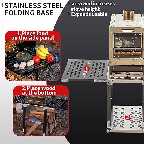 Miniatura 5 de Estufa de leña multifuncional, estufa portátil de acero inoxidable 304 con horno, mesa de campamento, quemador de pellets, supresor de chispas y 6