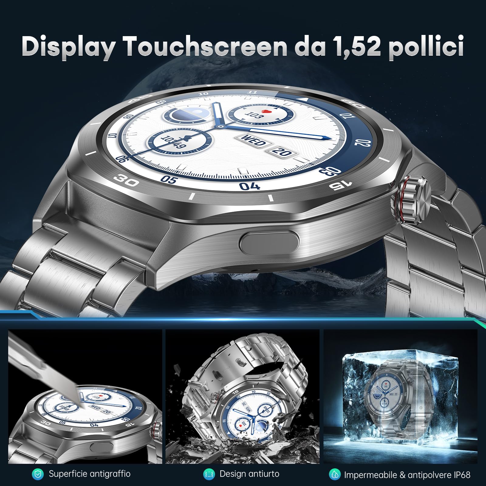 Orologio Smartwatch Uomo, 1,52'' Smart Watch Militare con Batteria 500 mAh/Impermeabile IP68/120+ Modalità Sport/Frequenza Cardiaca/SpO2/Sonno/Contapassi/2 Cinturini per Android iOS, Argento