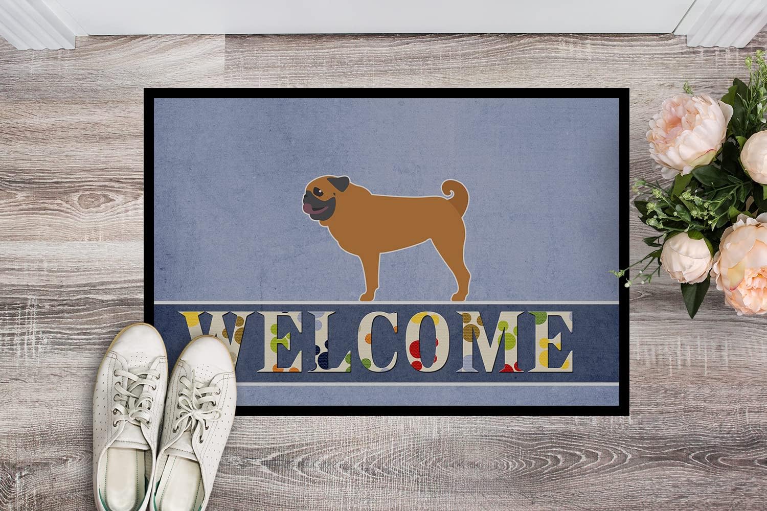Caroline's Treasures BB5551MAT Pug Welcome Doormat 18x27 Front Door Mat Indoor Outdoor Rugs for Entryway, Non Slip Washable Low Pile, 18H X 27W