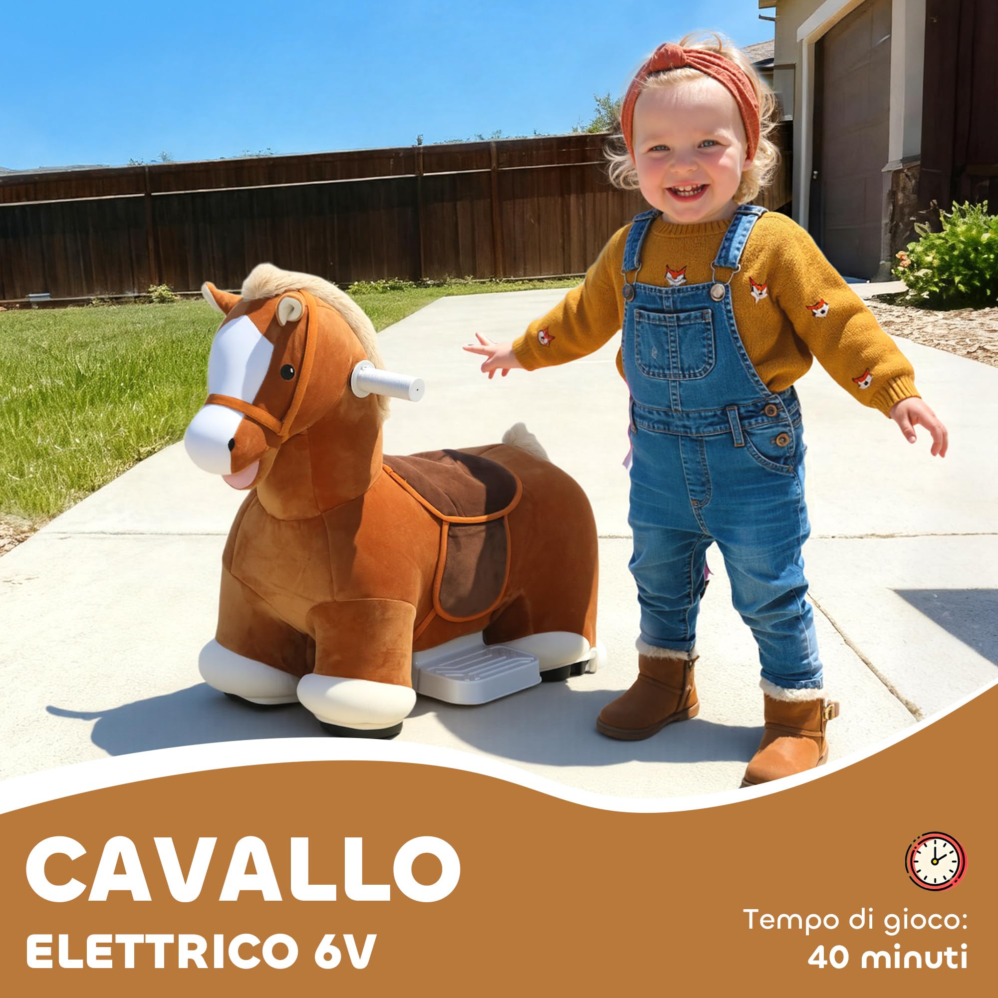 AIYAPLAY Cavallo Elettrico per Bambini 1.5-5 Anni 74x34x51 cm Marrone | con Pedali, Rotelle e Suoni Integrati, Cavallo Giocattolo in Peluche, PP, Metallo e ABS