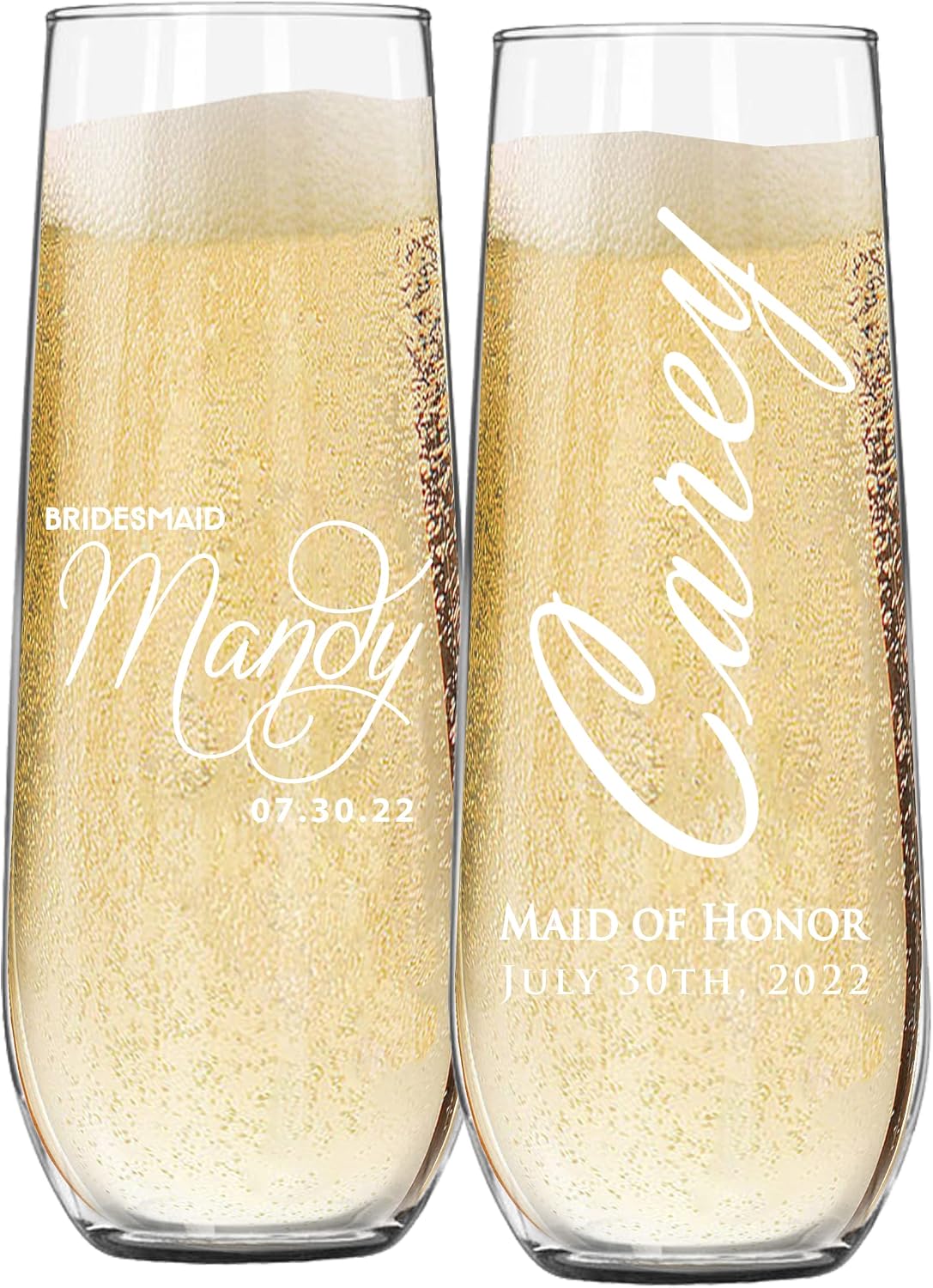 The Wedding Party Store Custom Etched Stemless Champagne Flutes - Personalized Monogrammed Bridesmaid Wedding Glasses