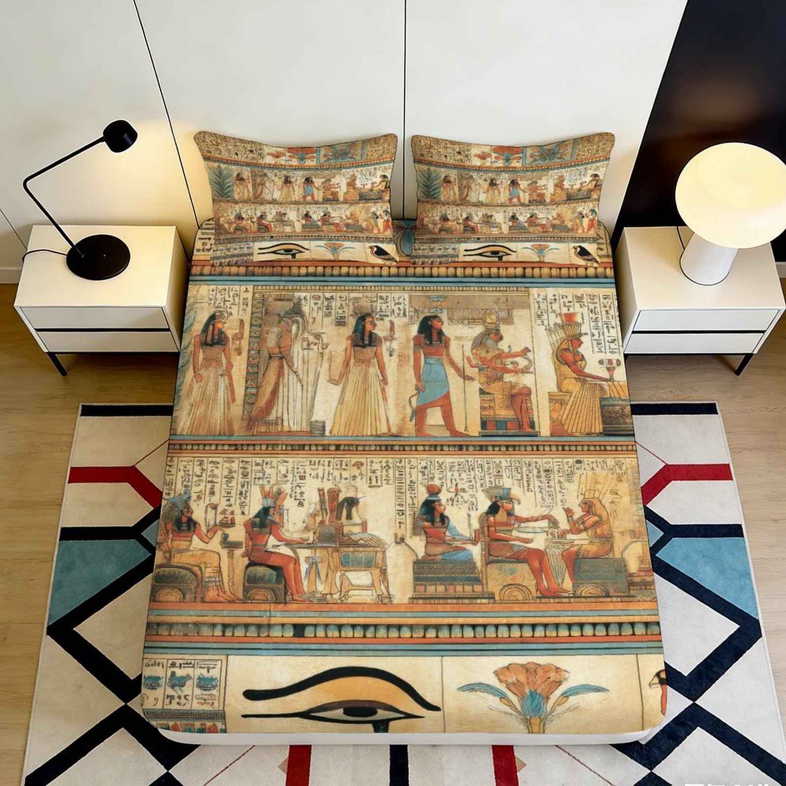 3D Printed Egyptian Hieroglyphs Fitted Sheet Microfiber Soft Art Decor Ancient Pharaoh Bed Cover Bedroom 90x200x25cm