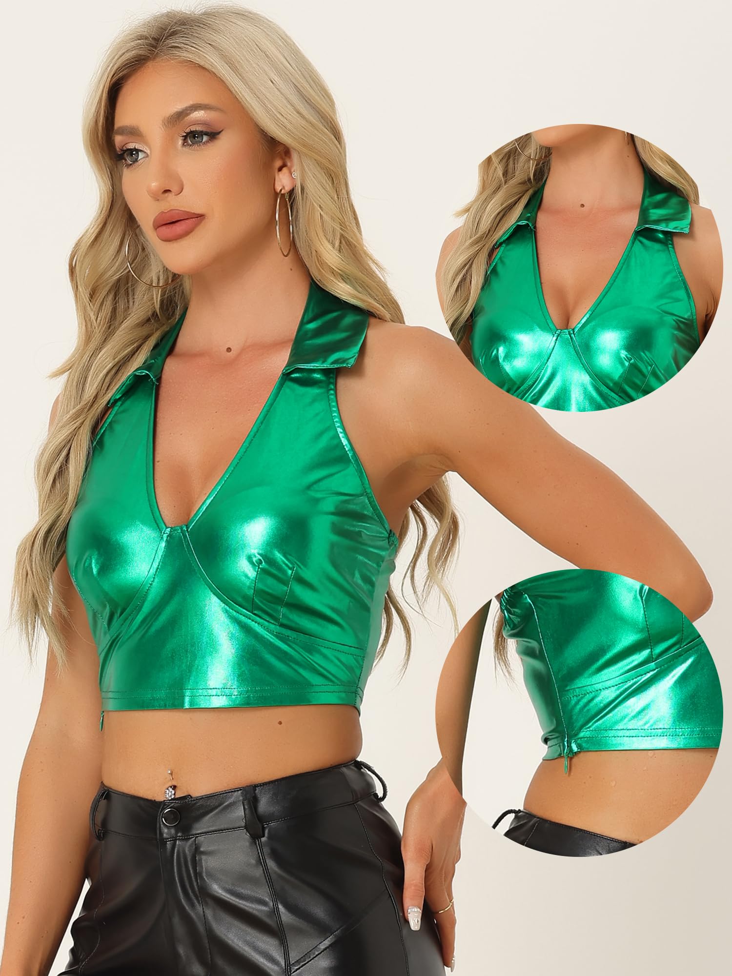 Allegra K Damen Neckholder Top Ärmellos Glitzer Metallic Oberteil Glänzende Party Crop Top
