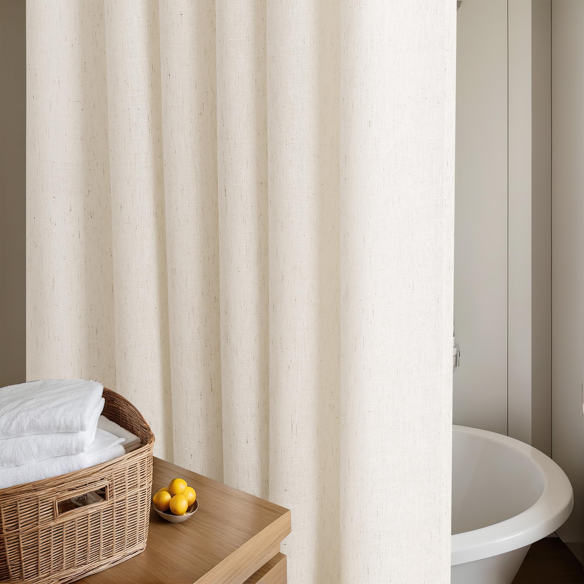 Rideau de douche mignon en lin crème extra long de 190 cm - Rideau de douche moderne bohème en tissu de luxe neutre - Tissu résistant à l'eau avec crochets pour salle de bain, baignoire