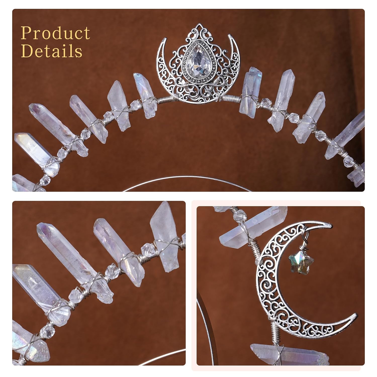 Moon Star Halo Crown - Renfaire Goddess Headband Handmade Silver Quartz Crystal Gothic Headpiece for Women Wedding Birthday Cosplay Party Photography - Image 6