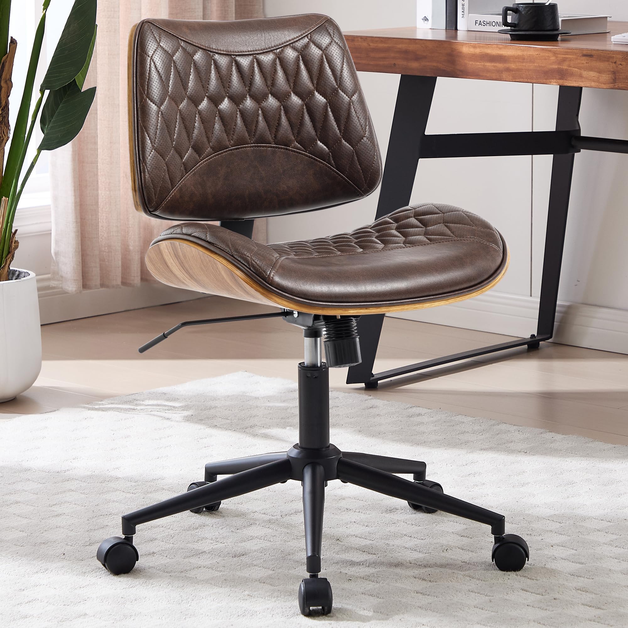 KBEJDBS Office Chair No Arms with Wheels, PU Leather Adjustable Height Small Desk Chair, Modern Mid Back Swivel Rolling Armless Computer Task Chair