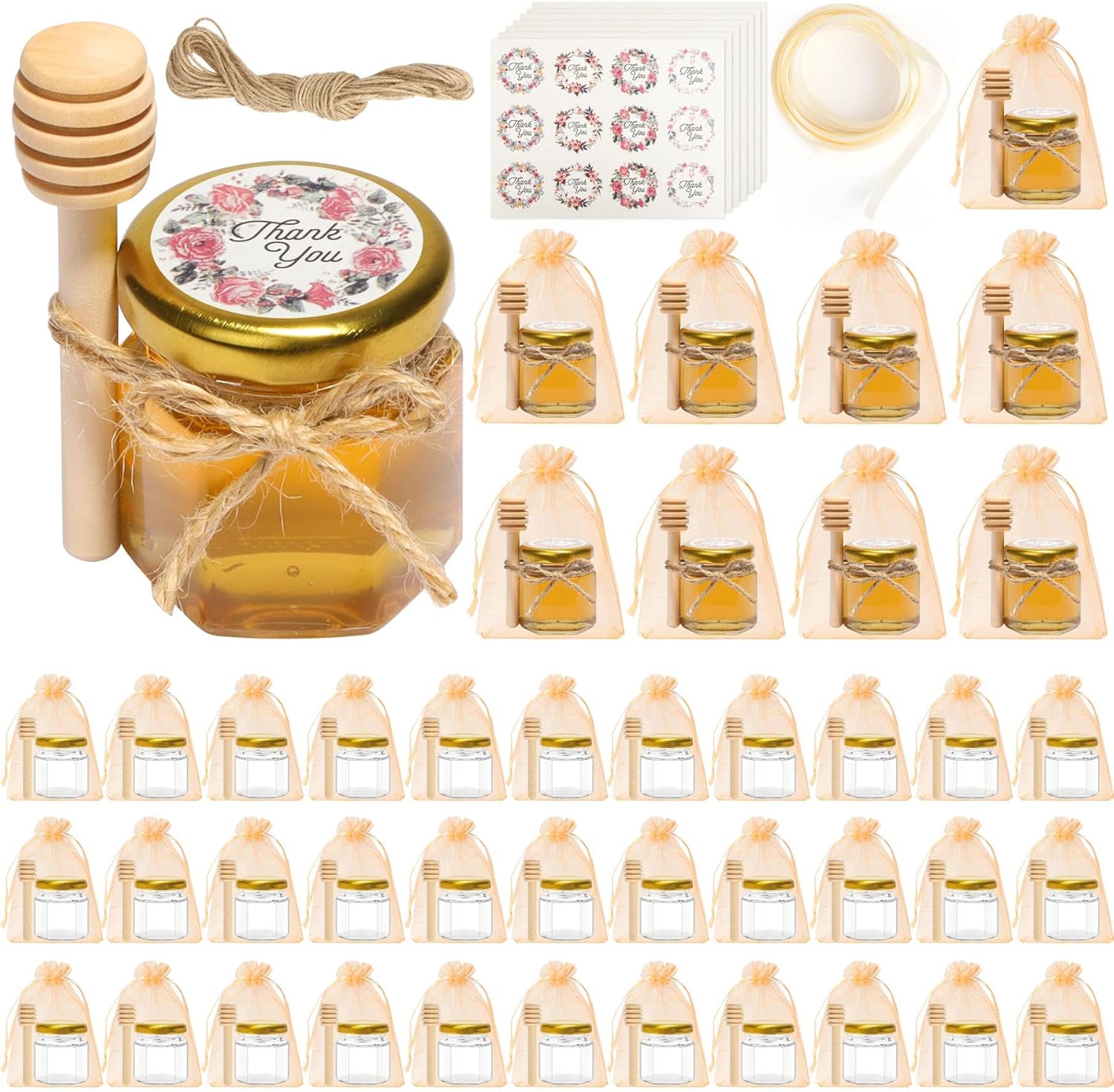 ComSaf Mini Honey Jars with Dipper 1.5oz 40 Pack, Small Honey Glass Jar with Gold Lid, Tiny