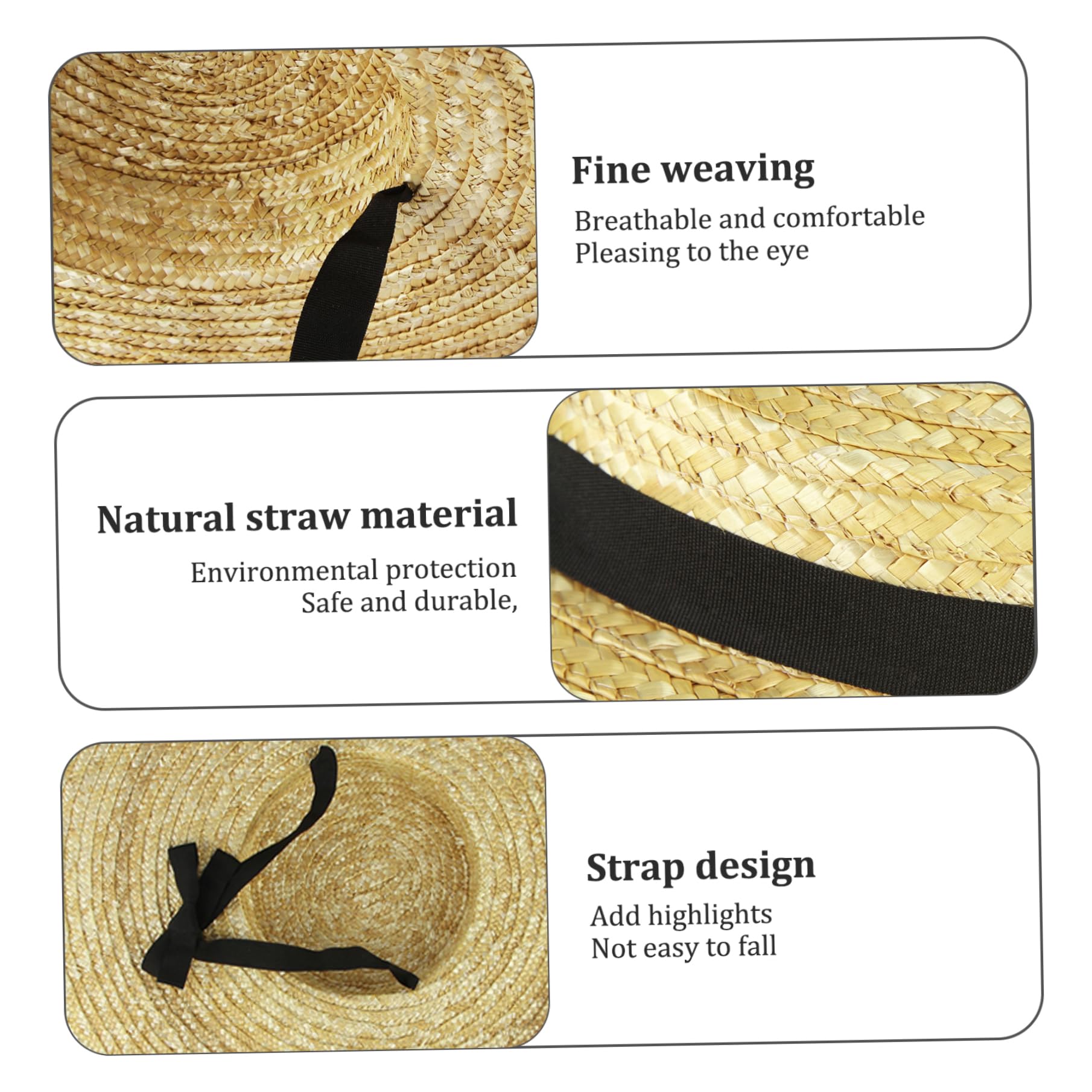 Chapeau de canotier en Paille pour Femme, Chapeau de Plage d'été en Paille tissée Respirante, Protection UV avec mentonnière et Doublure, Bord Large Souple Vintage, Sangle Noire