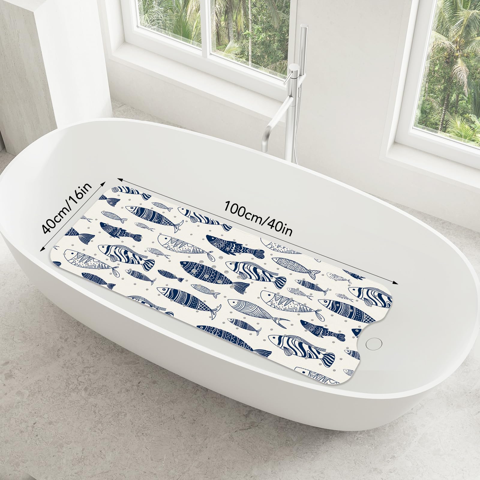 SHUCHING Tappetino Vasca Antiscivolo, Tappetino Doccia Antiscivolo Lungo 100x40cm, Tappeto Vasca da Bagno Antimuffa e Lavabile in Lavatrice, Pesce Oceanico
