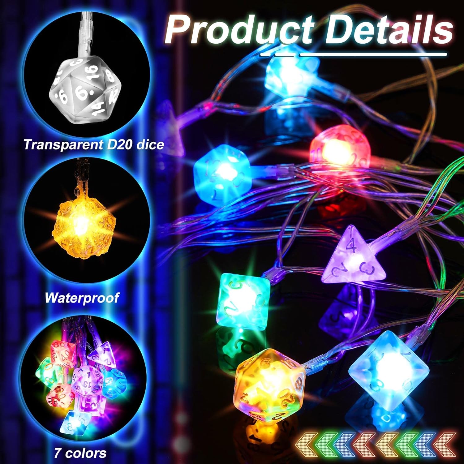 Wettarn 39 ft Polyhedral Dice String Lights LED Dice Lights Strands Extendable Glow in The Dark Party Decorations for Role Playing Game Bedroom Indoor Outdoor Wedding Tree Garden Decoration