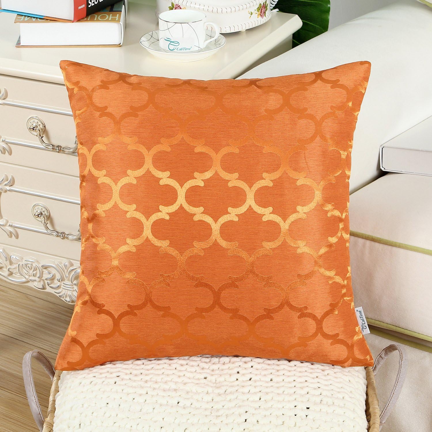 CaliTime Pack of 2 Cushion Covers Throw Pillow Cases Shells for Home Sofa Couch Modern Shining & Dull Contrast Quatrefoil Accent Geometric 18 X 18 Inches Bright Orange