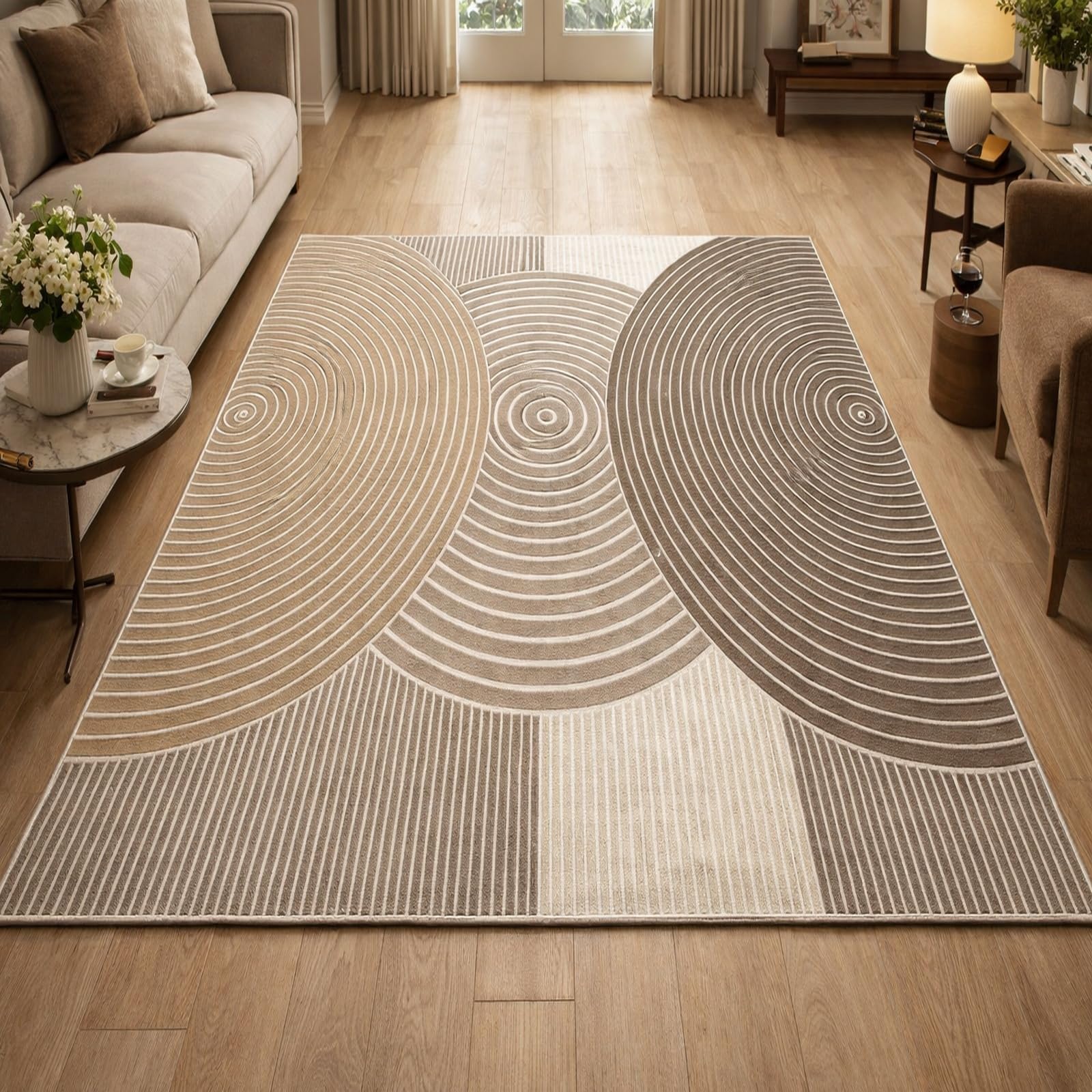 Teppiche Wohndeko für Wohnzimmer Schlafzimmer Aesthetic Room Decor,Modernes geometrisches Muster, Beige, Grau, Weiß, 155 x 200 cm