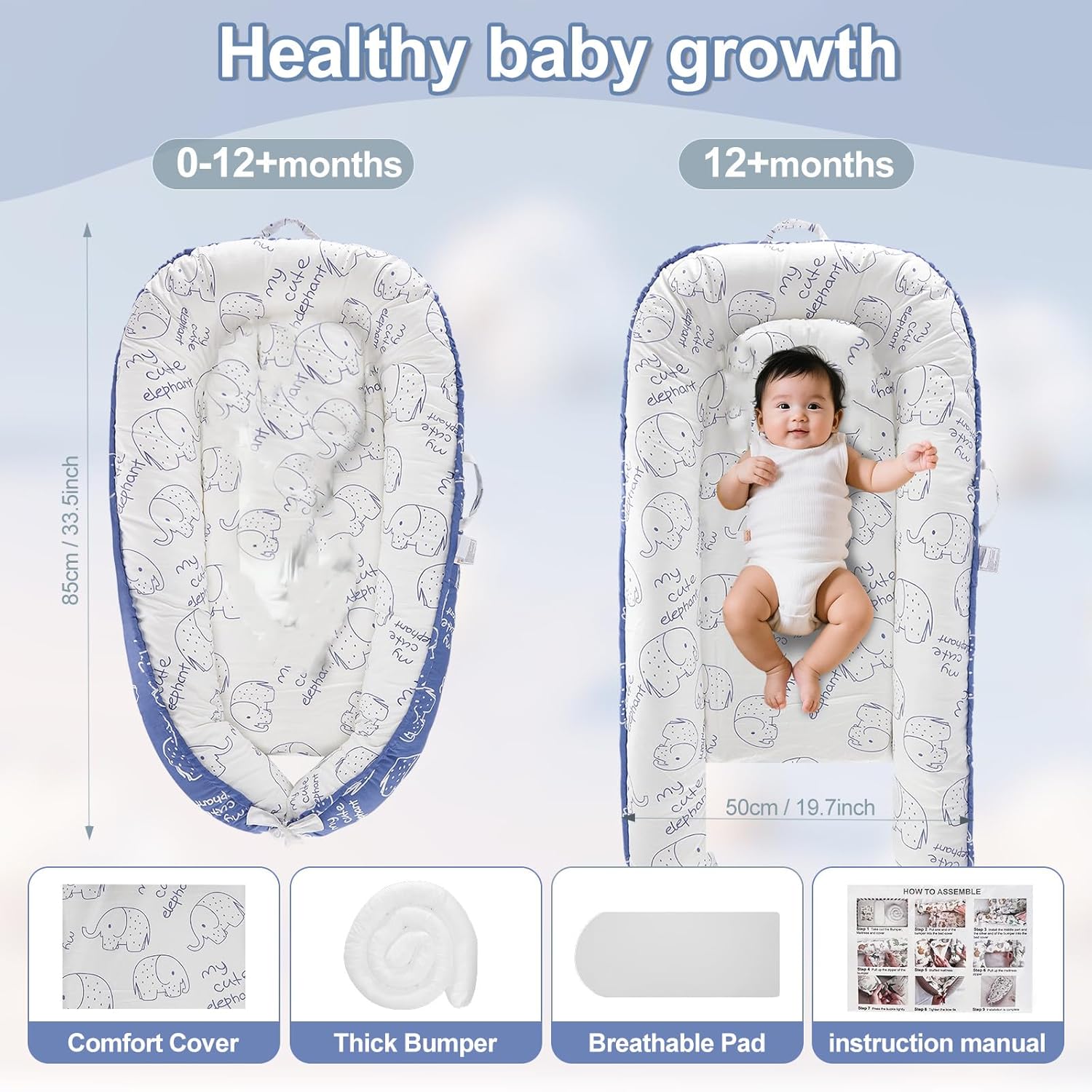 Baby Lounger for Newborn (0-24 Months) - 100% Cotton Baby Nest with Handles, 2-in-1 Play Mat & Diaper Changing Pad, Portable for Home & Travel, Infant Essentials Gifts (Elephant Blue)