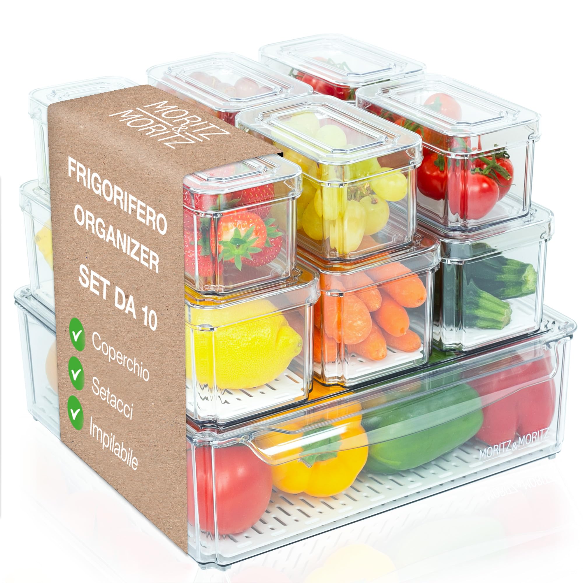 Moritz & Moritz Confezione da 10 organizer per frigorifero con coperchio, impilabili, contenitori per frigorifero, trasparenti, robusti, per cucina, cassetto