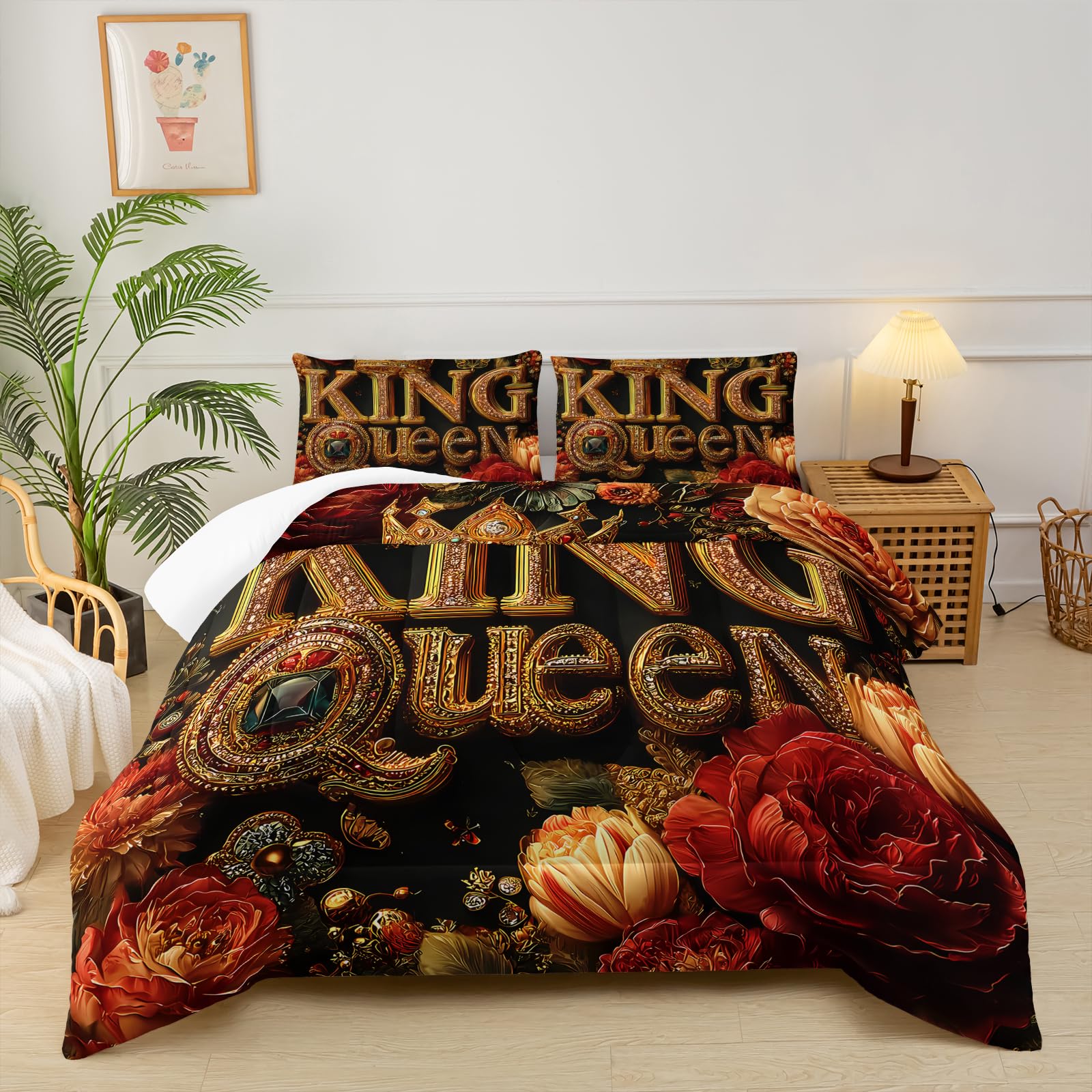 King and Queen Comforter Set Black and Gold，King and Queen Bedding Set，Red Floral Quilt Set Twin Size，with 1 Comforter with 2 Pillow Case