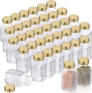 Bokon 48 Pack Glass Salt Shaker Bulk with Stainless Lids Tops 2.7oz Small Spice Shaker for Kitchen Restaurants and Catering Wedding Party Supplies(Gold Square)