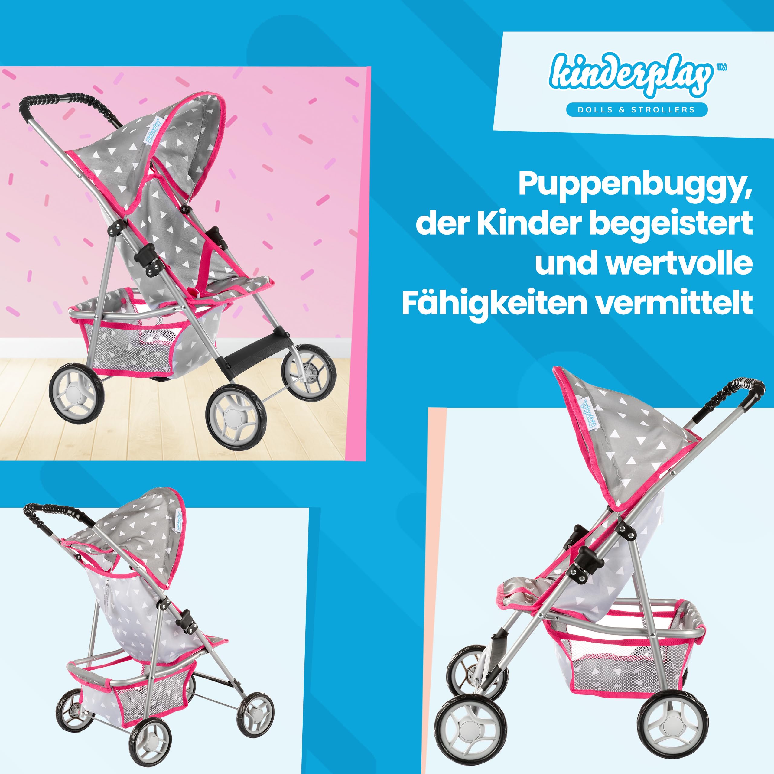 Kinderplay Wózek dla lalek, wózek dziecięcy, wózek dla lalek, wózek z pasem bezpieczeństwa i siatką na zakupy – zabawka dla niemowląt, nowoczesne, lekko obracające się kółka i miękka rękojeść, KP0280S
